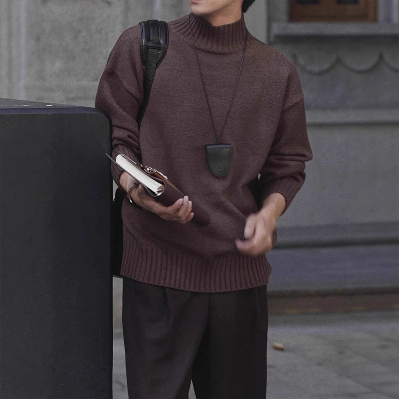 New Korean Fashion Men Sweater Light Luxury Trendy Turtleneck Knit Solid Color Pullover Leisure Retro Long Sleeve Basic Knitwear voguable