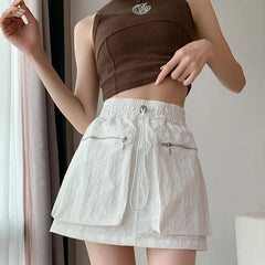 High Waist Drawstring Summer Women Short A Line Skirt Vintage Casual Cargo Big Zipper Pocket Skirt with Safety Shorts Hip Skirts voguable