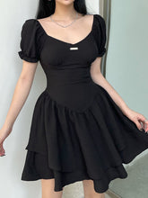 Black Square Neck Slim Pleated Mini Dress mysite