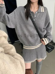 College Style Elegant Sweater Skirt Suit Women Fashion Polo Neck Tops + Pleated Mini Skirt Harajuku Knit Casual Two Piece Suit Pbong