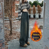 Women's Winter New Style Petite American Vintage Straight-leg Jeans Grey Fleece-lined Slimming Draped Wide-leg Trousers voguable