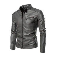 2022 PU Casual Leather Jacket Men Fleece Motorcycle Biker Slim Fit Outerwear Men Solid Stand Collar Leather Jackets voguable