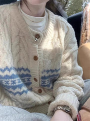 Fair Isle Cardigan for Women Comfy Cable Knit Button-up Sweater Jacket Cozy Knitwear Teen-girl Fall Winter Vintage Outfit voguable