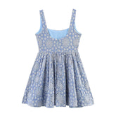 Flower Embroidery Blue Sweet Short Dress 2025 New Square Collor A-line Zipper Fashion Summer Dress Fashion Beach Woman Clothing voguable