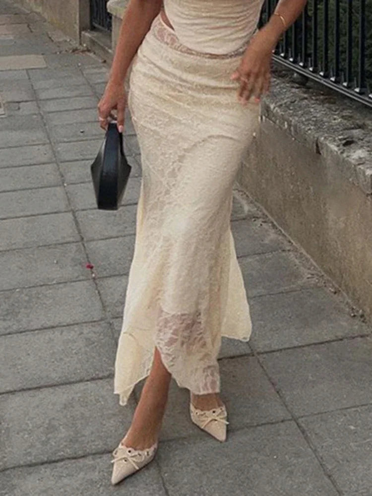 Lace Mesh Splice Long Skirts For Women See Through Sexy High Waist Maxi Skirt Femme Club Hollow Out Skirts Ladies voguable