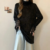 Korean Fashion Lace Women Clothing Turtleneck T-Shirts Bottoming Vintage Female Spring Autumn New Loose Casual Long Sleeve Tops voguable