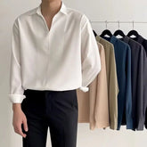 Korean New Lapel Small V Design Men Shirts Summer Long Sleeve Draped Casual Shirt Men Loose Solid Color White Shirts for Men voguable