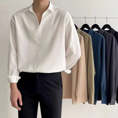 Korean New Lapel Small V Design Men Shirts Summer Long Sleeve Draped Casual Shirt Men Loose Solid Color White Shirts for Men voguable