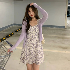 Voguable Summer Purple Two-piece Sets Dress for Women Floral Slip Mini Dress+Sunscreen Shawl Cardigan Woman New Sundress voguable