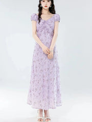 Floral Women Sweet Long Dress Elegant Vintage V Neck Slim Dress Casual Short Sleeve French Summer Retro Lady Vestidos New voguable