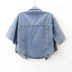 Vintage Cropped Denim Jacket Women Summer Loose Single Breasted Turn Down Collar Short Sleeve Tops Harajuku Casual Jean Jacket voguable