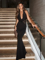 Halter Deep V Neck Sexy Maxi Dress For Women Gown Black Lace Off-shoulder Backless Sleeveless Bodycon Long Dress voguable