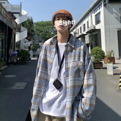 Autumn Thick Woolen Shirt Men Fashion Retro Casual Oversized Plaid Shirts Mens Korean Blue/Green Loose Long-sleeved Shirt Men voguable