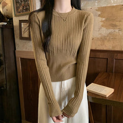 O Neck Knitted Sweater Women Korean Slim Long Sleeve Casual Crop Pullover Autumn Solid Simple All Match Sweater Female New voguable