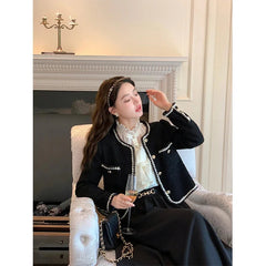 Vintage Jackets Women Black Tweed Cropped Coat Korean Elegant Thicken Single Breasted Blazer Casual Short Outerwear Tops voguable
