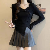 Voguable Large Size Chubby Mm Irregular V-neck Mushroom Edge Long Sleeved T-shirt for Women Retro Slim Fit and Slimming Top Trendy voguable