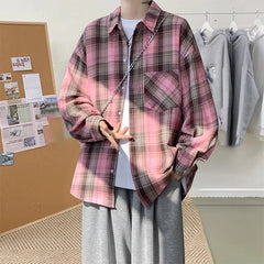 Harajuku Long Sleeve Plaid Shirts Men Big Size M-5XL Autumn Chic Loose Vintage High Street All-match Gentleman Camisa voguable