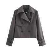 New Autumn Women Solid Cropped Trench Coat Vintage Double Breasted Long Sleeve Short Jacket Lapel Collar Windbreaker