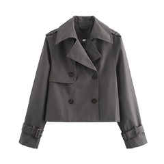 New Autumn Women Solid Cropped Trench Coat Vintage Double Breasted Long Sleeve Short Jacket Lapel Collar Windbreaker