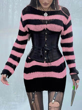 Stripe Off-Shoulder Sweater Mini Retro Dress mysite