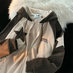 Voguable Y2K Harajuku Style New Fashion Star Patch Zipper Hooded Women Streetwear Popular Casual Joker Sweatshirt Unisex Stitching Tops voguable