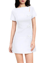 Voguable New Women's Short Sleeve Slim Short Dress with Bow Decoration Solid Color Mini Dress Casual Daily Dress voguable