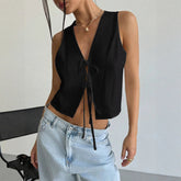 Blouses Spring Summer Fitting Slim Casual Lace-Up Sleeveless V-Neck Daily Blouses For Women voguable