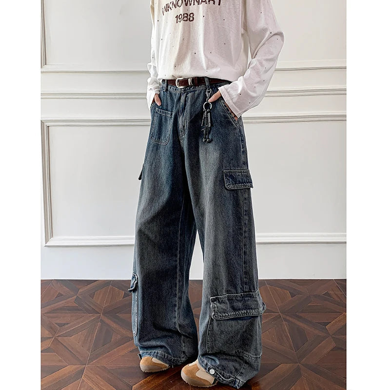 Men Workwear Cargo Jeans New Multi Pocket Loose Straight Leg Baggy Streetwear Denim Pants Urban Casual Trousers 2025 Autumn voguable