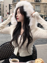 Voguable Furry Hooded Sweaters Coat Autumn Winter Women Casual Hoodie Y2K Zipper Cropped Sweater Jacket Korean Female Knitwear voguable