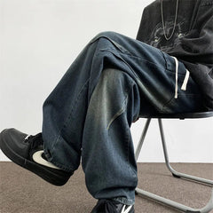 Mens Straight Leg Jeans Elastic Waistband Drawstring Comfort Fit Denim Casual Trousers Adjustable Waist Relaxed Fit voguable