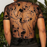 Summer Men's Clothing Mesh Lace Knit T-shirt Streetwear Hollow-Out O Neck Sweater Short Sleeve Tees Rose Printed Luxury Knitwear voguable