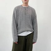 Mens Sweater Cable Pattern Casual Knit Sweater Genderless Fashion Versatile Henley Collar Simple Long-Sleeve Top Men'S Clothing voguable