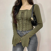 Voguable Vintage Lace Patchwork Bandage Cropped Top Green Brown Fairycore Grunge Square Collar T-shirts Y2K Tops Elegant Tops voguable