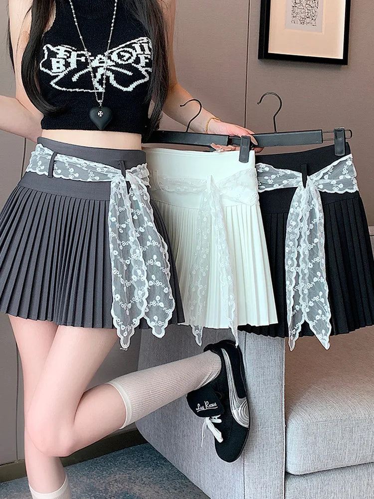 Lace Belt Pleated Skirt Women Sweet High Waist Sexy Mini Skirts Korean Fashion Casual Preppy Style Cute A Line Dance Skirt voguable