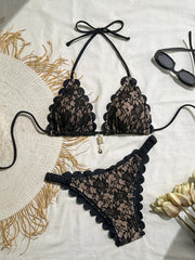 Voguable Sexy Black Lace Micro Bikini Women Metal Ornament Ruffles Push Up Bra Thong Swimwear Summer Bathing Suit Holiday Swimsuit voguable