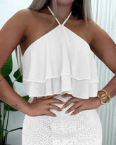 Voguable European and American Summer New Sweet and Elegant Hanging Neck Ruffle Top and Crochet Lace Skirt Set voguable