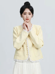 Sweet Yellow Tweed Jackets Women Vintage Lace Patchwork Elegant Short Coat French Retro Casual O Neck Long Sleeve Fall Outwear voguable