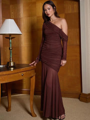 Oblique Shoulder Long Sleeve Sexy Maxi Dress For Women Fashion Mesh Backless Bodycon Ruched Club Evening Long Dress voguable