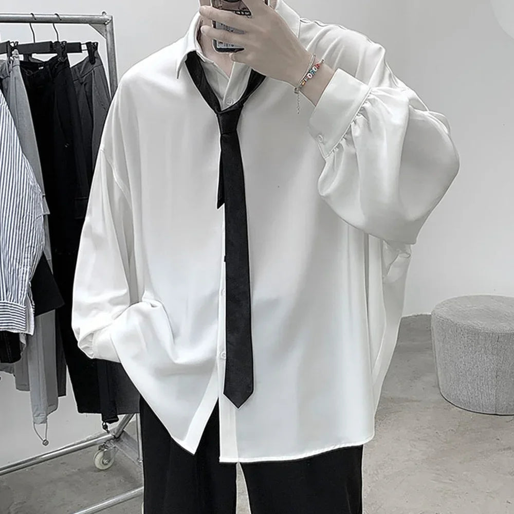 Korean Style Men's Long-sleeved Shirts Black Tie Cozy Casual Solid Oversize Blouses Breathable Loose Shirt Harajuku Male Clothes voguable