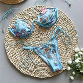 Voguable Beige Shiny Flower Embroidery Swimwear Thong Micro Push Up Bikini Set Sexy Swimsuit Women Bathing Suit String Bikinis Mujer voguable