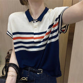 Voguable Women Clothing Summer Trendy Striped Polo Collar Ice Silk Knitted T-shirt Elegant Simple Casual Short Sleeve Loose Pullover Tops voguable