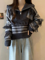 Voguable Vintage Tassel Striped Knitted Sweater Women Harajuku Casual Loose Jumper Korean Retro Long Sleeve Zipper All Match Tops voguable