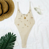 Voguable Shell Ornament Beige Mesh Swimwears Women One Piece Backless Sexy Swimsuit High Leg Cut Bathing Suit Swimming Wear Monokini voguable