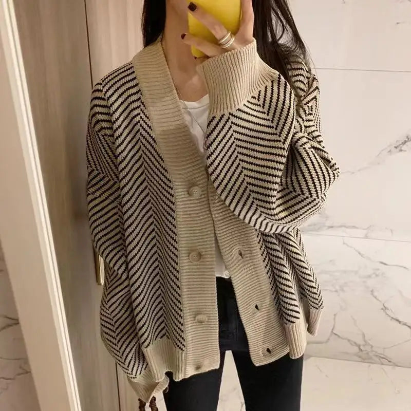 Women's Sweater Button Down V-Neck Striped Cardigan Knitted Tops Single Breasted Autumn Winter Casual Chic Knitwear Outfit voguable