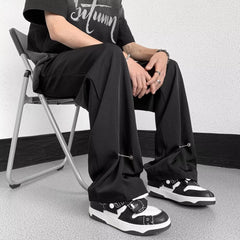 Summer Thin Mens Pants Elastic Waist Straight High-end Drape Niche Design Ice Silk Loose Casual Streetwear Men Wide Leg Pants voguable