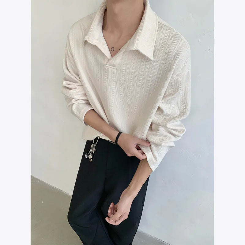 Autumn Long Sleeved T-shirt Men Fashion Beige Lapel T Shirt Men Streetwear Korean Loose Pullover Sweatshirt Mens Polo Shirt voguable