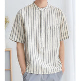 Voguable Men Clothing Trendy Japanese Style Vintage Striped Print Short Sleeve Shirt Summer Simple Casual Stand Collar Loose Cotton Tops voguable