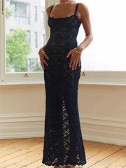 Sexy Women Lace Floral Long Dress Sexy Mesh See Through Summer Dress Sleeveless Strap Back Split Black Beach Vestidos voguable