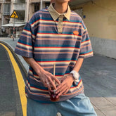 Voguable Japanese Harajuku Style Street Color-blocked Striped Short-sleeved Lapel Shirts Men Women Trendy Hip-hop Loose Casual T-shirts voguable