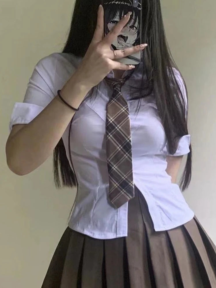 Voguable Sexy Women White Shirt  Slim Short Sleeve Summer School Button Up Shirt Girls JK Casual Tunic Designed Harajuku Tops New voguable